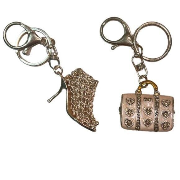 Stylish High Heel & Purse Keychain Set Gold Rhinestone Charm Jewelry - Picture 1 of 7